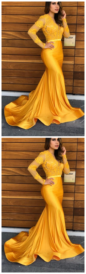 Yellow Lace Mermaid Prom Party Dresses Vintage Sheer Lace V-neck Evening Gowns Formal Red Carpet Dress with Long Sleeves HZ1023